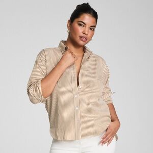 SPANX Relaxed Fit Poplin Button-Up Shirt | Small Tall | White Stripe